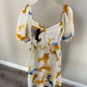 Nine West White and Multicolor Puff Sleeve Dress